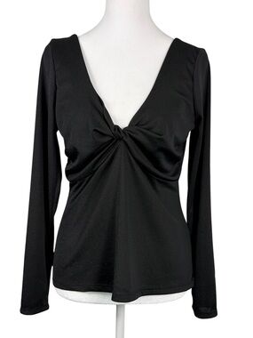 H&M Metallic Black Long-Sleeve Twist-Front V-Neck Top Size L